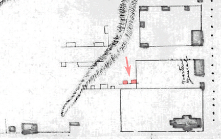 Figure 7. Frenchman's Map detail showing two structures on the Kendall-Gardner property. The map was drawn by an unknown cartographer with the French army around 1782. Bruton Parish Church is on sout heast corner of the block; the George Wythe House is marked "quartier general," as it was occupied by the French general staff at that time. Two small outbuildings are shown on the Kendall-Gardner site (arrow), along with a line which may represent a fence connecting the two.
