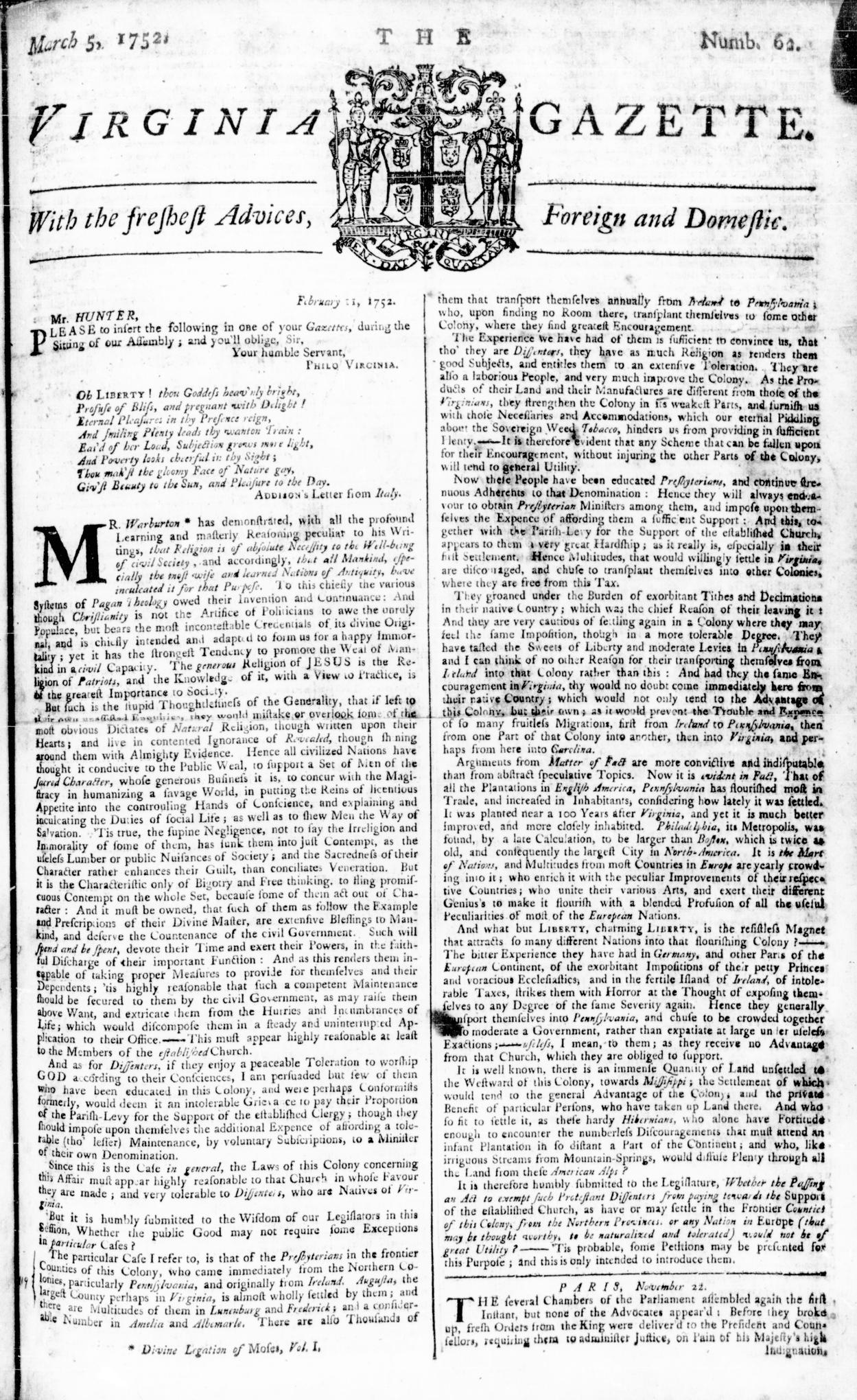 Virginia Gazette Hunter March 05 1752 Pg 1 The Colonial