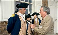 Author Dobyns with Ron Carnegie as George Washington, behind them, Mark Schneider, as Lafayette, and Scott New—three of the mighty and the ordinary that guests encounter.
