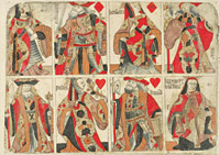 An uncut sheet of eighteenth-century French playing cards. Cheats, professional and amateur, created a need for rules in card games, developed “according to Hoyle.”