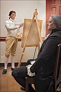 Colonial Williamsburg's Ron Carnegie as George Washington sits for painter Gilbert Stuart, in the person of Robb Warren.