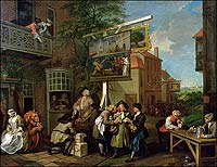 In William Hogarth's Canvassing for Votes, a farmer is besieged by Whig and Tory solicitations.