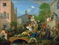 A manic fiddler leads the victory lap for a Tory candidate, surrounded by a free-for-all of pigs and pugilists, in William Hogarth's Chairing the Members.