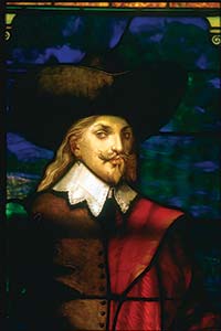 Nathaniel Bacon's likeness, offered in stained glass at Preservation Virginia's Bacon's Castle in Surry, Va., represents both his noble presence and his rebellious side.
