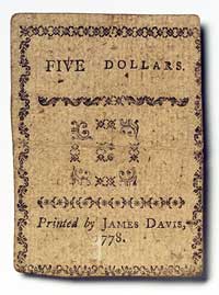 Reverse side of North Carolina 5 dollar note, 1775.