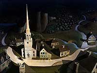 Artist Grant Wood, better known for his American Gothic painting, took a surrealistic, vaguely forbidding view of The Midnight Ride of Paul Revere.