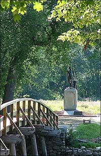 The rude bridge that arched the flood at Concord—a picture of a commemorative replacement at left—was the subject of Ralph Waldo Emerson's poem The Concord Hymn, written for celebrations July 4, 1837.