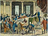When governance under the Articles of Confederation wheezed and wobbled, the states met in 1787 to draft a constitution giving a fresh start to the American experiment in self-rule, one that created a “republican form of government.” That meeting in Philadelphia has been one of the favored subjects of history painters. Here, an 1823 wood engraving depicts President Washington and the delegates. 