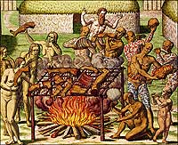 Likely part of purification or martial rites, cannibalism was practiced by some Indian tribes, here in Theodore de Bry's 1592 scene.