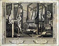 An encouragement to industry, this 1749 English engraving also shows something of eighteenth-century clothmaking.