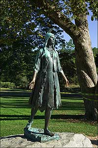 Thousands of visitors to Jamestown Island have grasped the hands of this statue of Pocahontas, rubbing the weathered copper to a shine.