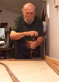 Redstone’s diminutive Claremont, Virginia, workshop gives him all the space he needs to plane, drill, and pound fine woods and brass bits into authentic re-creations of eighteenth-century harpsichords. - Dave Doody