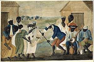 The Old Plantation, a watercolor thought to be from late eighteenth-century South Carolina, depicts a slave celebration.