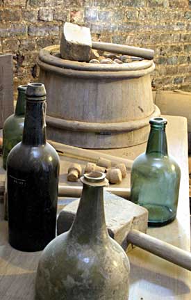 Bottles and corking equipment in Thomas Jefferson's cellar, which stored imported as well as domestic vintages