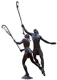 The Native American game of lacrosse could involve hundreds of players and stretch across a mile of uneven fields; contests frequently left injured players. At the Lacrosse Museum and National Hall of Fame in Baltimore, a bronze statue, below, stands in front of the building, tribute to the Indian origins of the game.