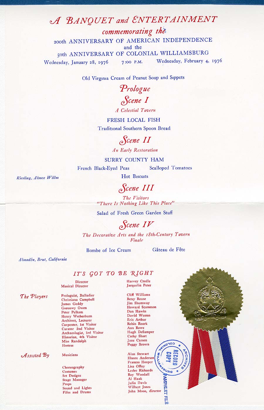 A Banquet and Entertainment commemorating the 200th Anniversary of American Independence and the 50th Anniversary of Colonial Williamsburg, 1976. 