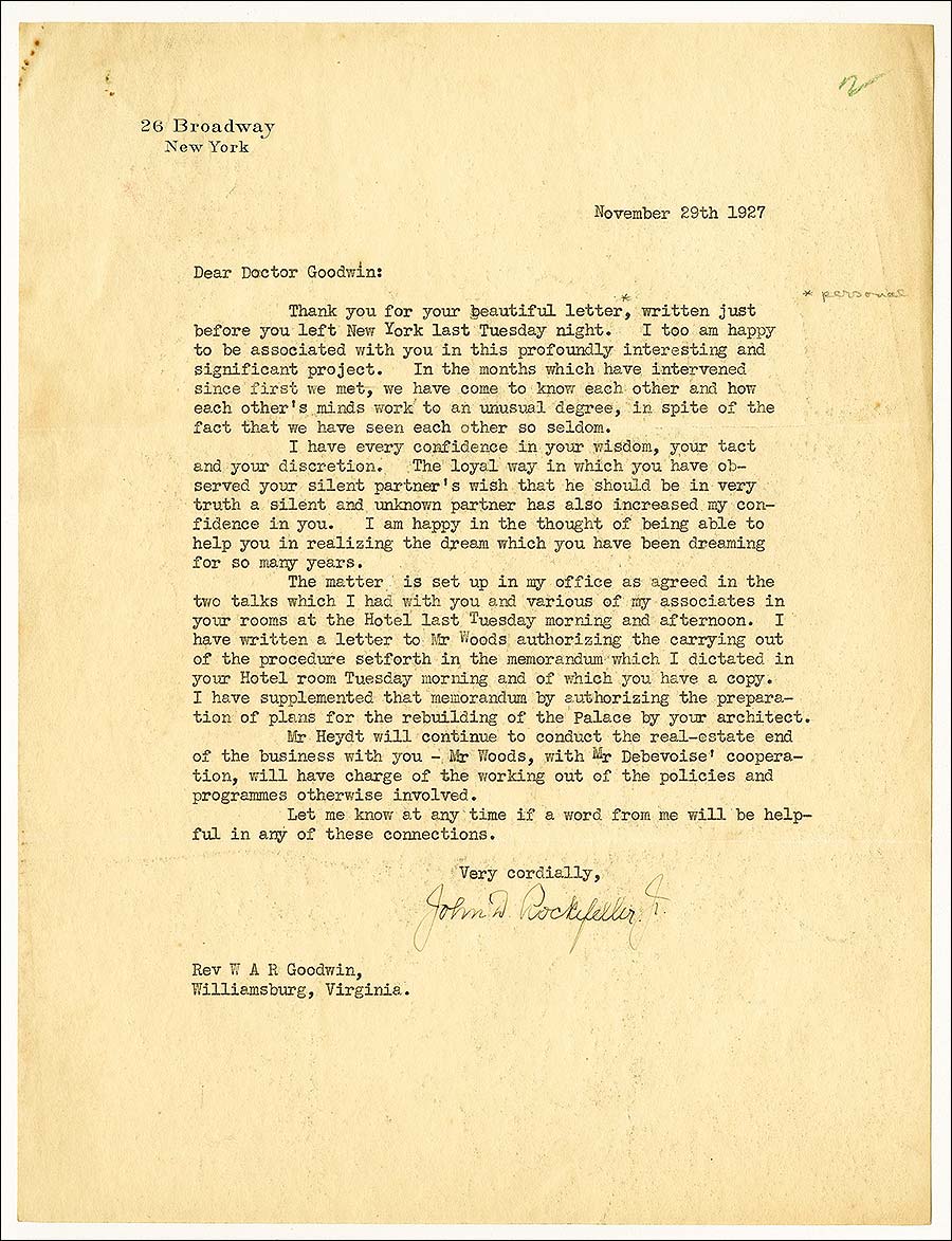 Letter, John D. Rockefeller Jr. to Dr. W.A.R. Goodwin, November 29, 1927