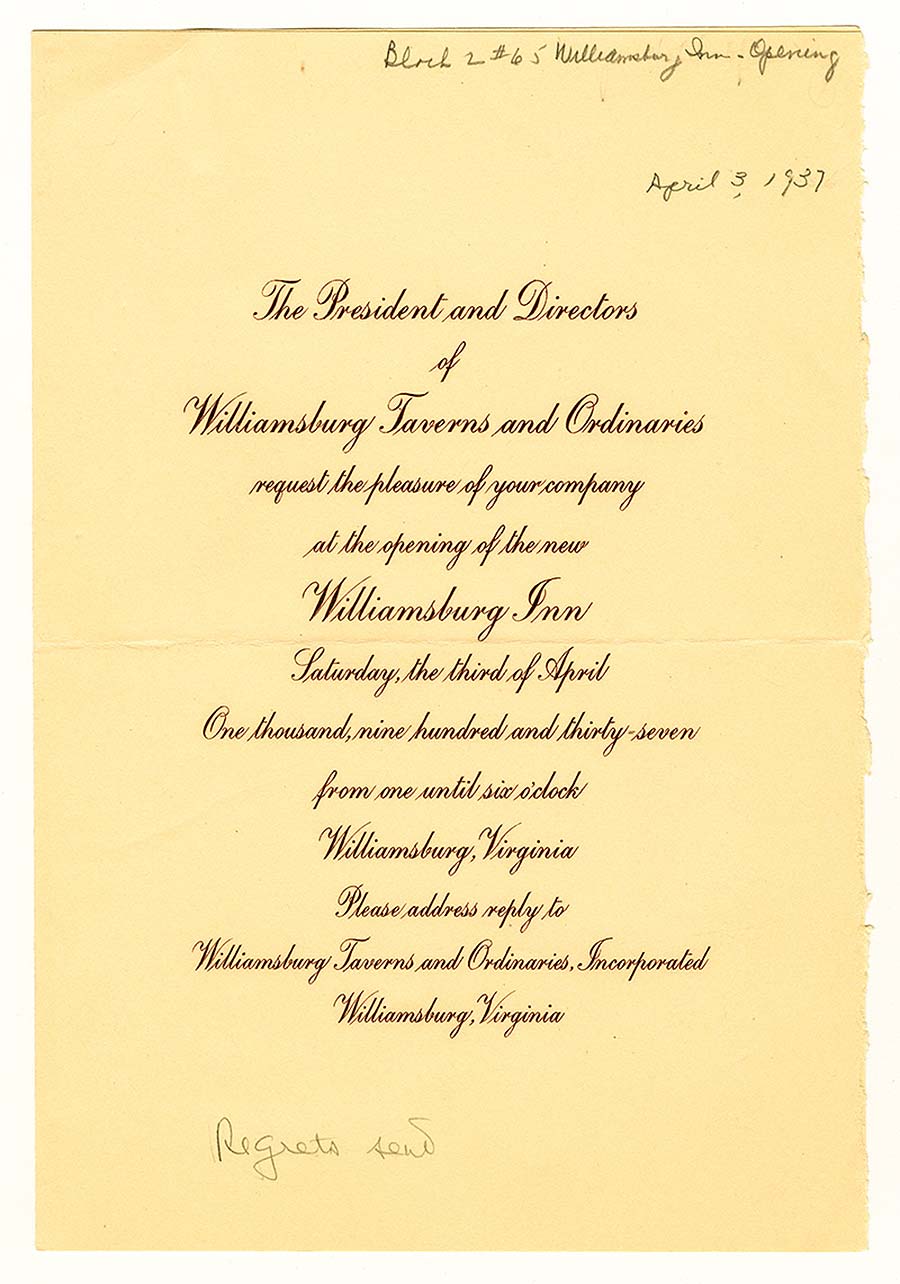 Invitation to opening of the Williamsburg Inn, April 3, 1937. 