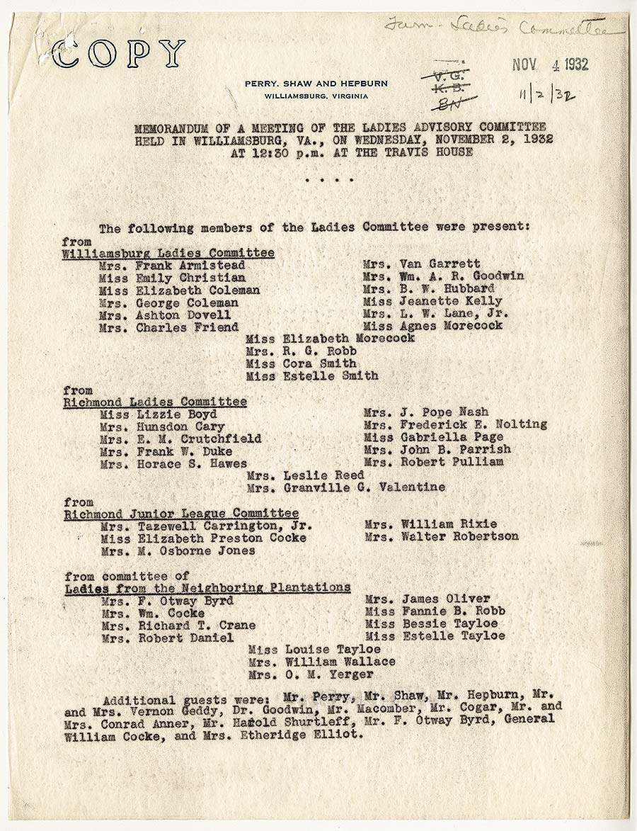Minutes of the Meeting of the Ladies Advisory Committee, November 2, 1932.  