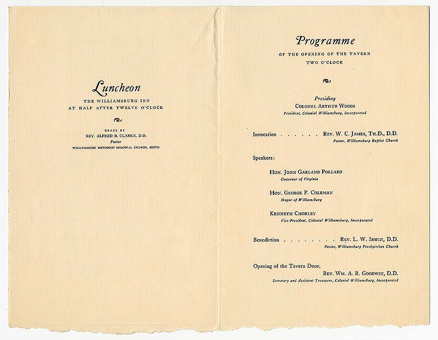 Programme of the Opening of Raleigh Tavern, September 16, 1932. 