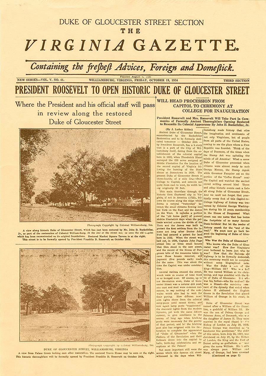 Virginia Gazette Reprint re Opening of Duke of Gloucester Street, October 1934. 