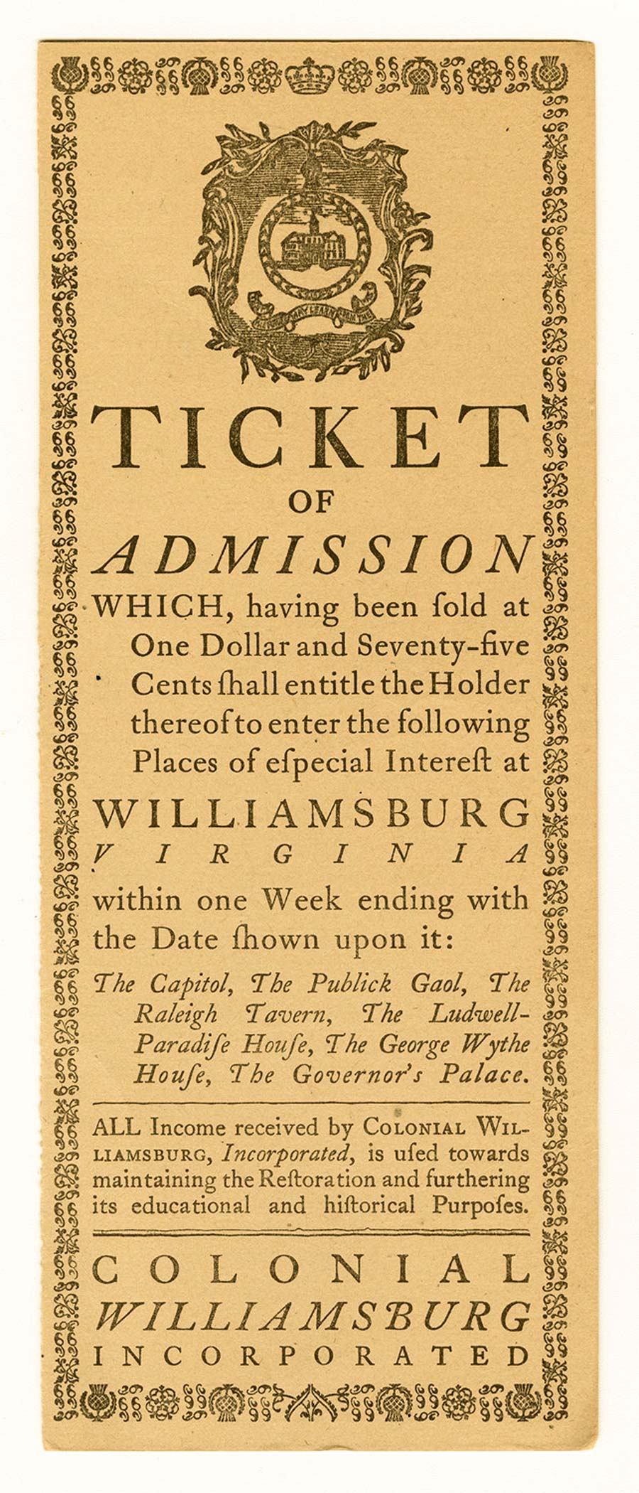 Colonial Williamsburg Admission Ticket, 1945