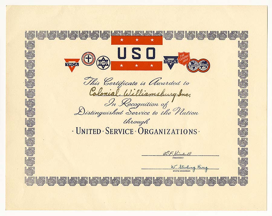 USO Certificate of Appreciation Awarded to Colonial Williamsburg. 