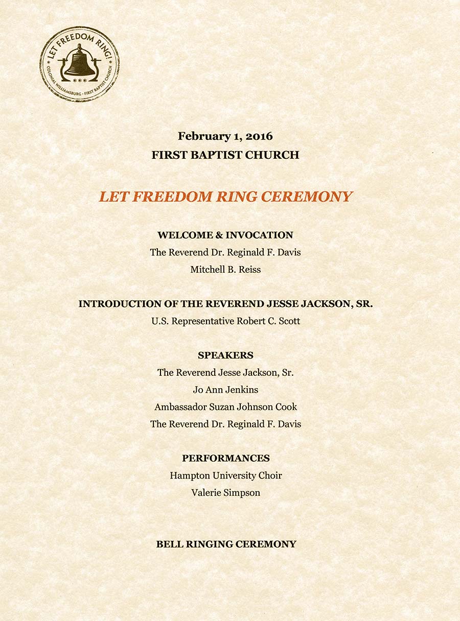 Order of Service for Let Freedom Ring Ceremony, First Baptist Church, Williamsburg, Virginia, February 1, 2016. 