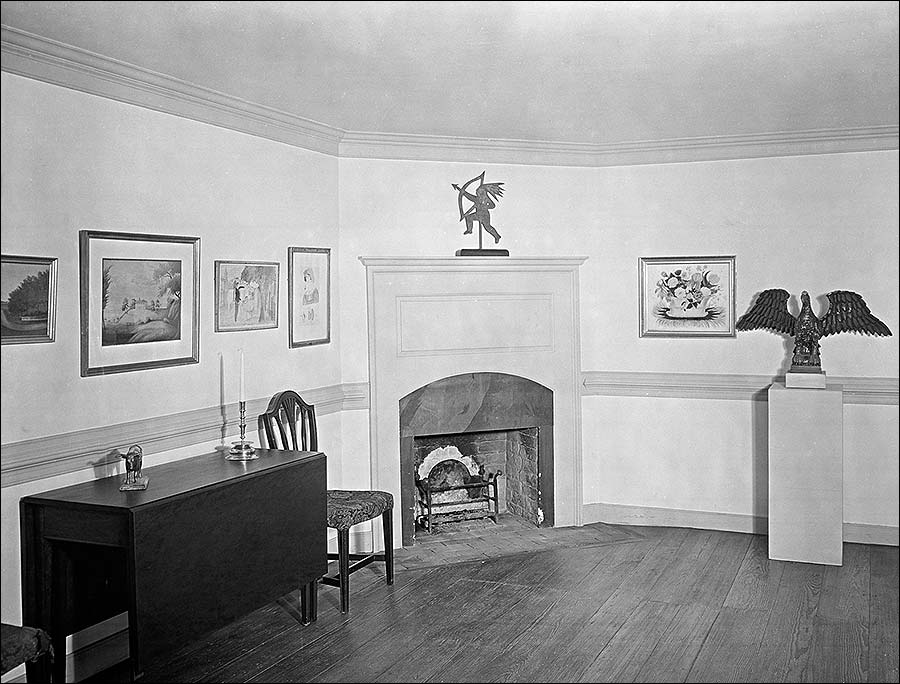Photo of Mrs. Rockefeller’s folk art on display at Ludwell-Paradise House, late 1930s.