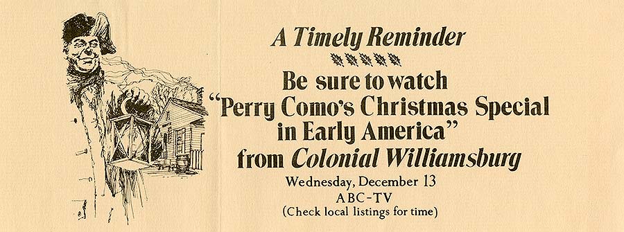Announcement for “Perry Comoâ€™s Christmas Special in Early America”.