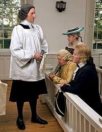 From left, Todd Norris as minister of Hickory Neck Church in Toano, Virginia, with Phil Shultz, Sharon Hollands, and Bill Barker as Thomas Jefferson at communion.