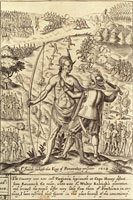 John Smith threatens Opechancanough, the “King of the Pamaunkee,” with a pistol in 1609.