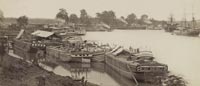 A Mathew Brady Civil War photograph of ships and barges on the Pamunkey River.