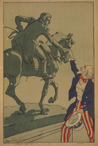 Uncle Sam is depicted shaking hands with the Marquis de Lafayette, circa 1910.