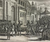 With Spanish troops, Cortez meets Aztecs in Mexico City, where he leveled native structures and built a European city on the ruins.