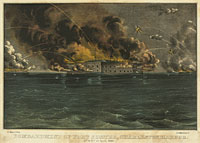 A Currier & Ives engraving of Fort Sumter under bombardment in 1861, the attack that began the Civil War.