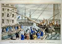 “The destruction of Tea at Boston Harbor,” a Currier & Ives hand-colored lithograph published 1846.