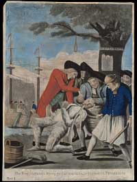 The BOSTONIAN’S Paying the EXCISE-MAN, or TARRING & FEATHERING. The 1774 print depicts the tarring and feathering of a British customs official in Boston as he spews out the tea poured into his mouth. The Boston Tea Party is shown in the background.