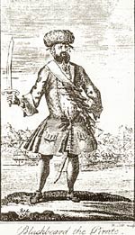 Line engraving of Blackbeard the pirate