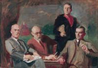 Hopkinson’s portrait of Perry, Shaw, Shurcliff, and Hepburn, the four “designers of beauty” who gave Williamsburg a new birth when they undertook, for John D. Rockefeller Jr., the restoration of the former colonial Virginia capital in 1927. Shurcliff, a somewhat flamboyant landscape architect, shown standing in this composition, does not appear in the final rendition but was accorded a separate painting.