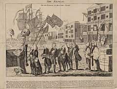 In this popular satire on the Stamp Act, supporters of the act carry a coffin filled with the remains of the bill in a mock funeral procession.