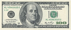 The front of a $100 bill.