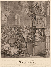 In “Credulity, Superstition, and Fanaticism,” he defrocks Methodist enthusiasm, an unholy mix of spiritual and sexual excess: the harlequin minister at top sermonizes “I speak as a fool,” a minister thrusts an icon down the dress of a girl in ecstasy, a woman gives birth to rabbits, but a spiritual thermometer, in the right corner, registers the fervor as only lukewarm.