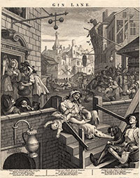 “Gin Lane,” above, batters the viewer with the wreckage of booze-soaked inhabitants and the horrors of London life. It led to legislative reform that reduced consumption of gin. Opposite, ‘Beer Street” championed the virtues of moderation in alcohol and the resulting benefits for public morals.