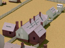 3D model of the site, showing the Main Armoury Building, the Tin Shop, the Kitchen, and other buildings.