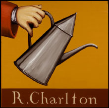 A sign shows a hand with a coffeepot and reads "R. Charlton."