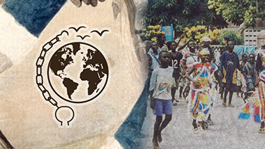 The Slavery and Remembrance logo, with an 18th-century painting and a photo of a modern-day African celebration.