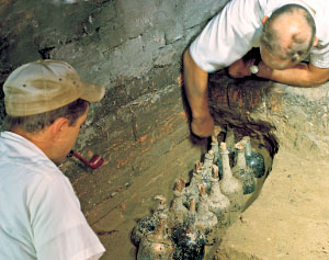 Two archaeologists uncover bottles.
