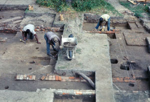 Three archaeologists excavate.